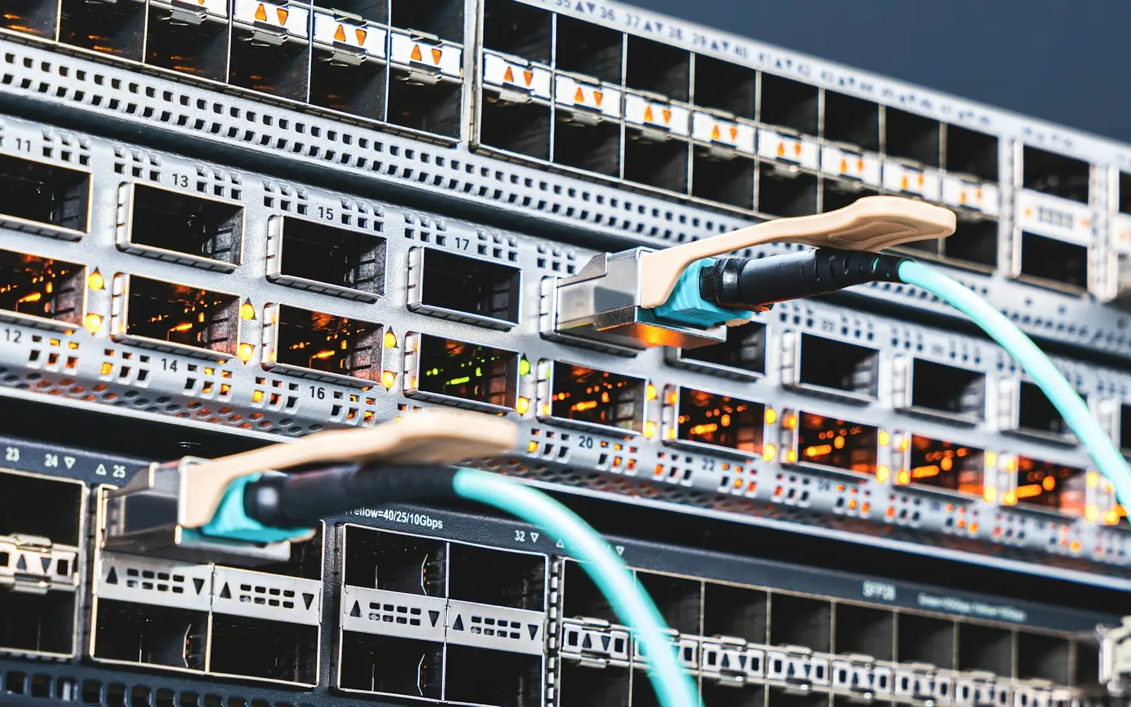 Cables de red conectados a un equipo en rack