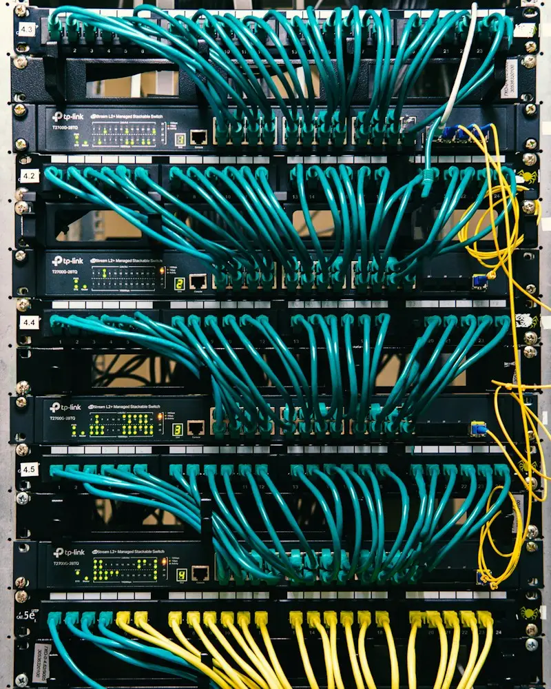 Rack con patch panels y cableado ordenado
